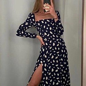 Reformation Navy and White Midi Dress